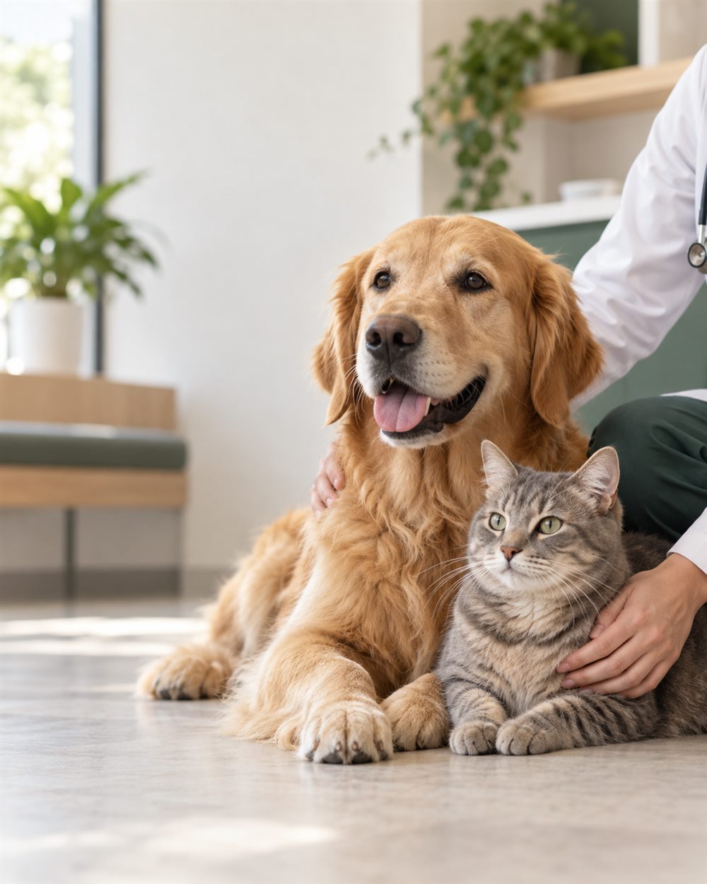 Cão e gato recebendo carinho em um ambiente tranquilo